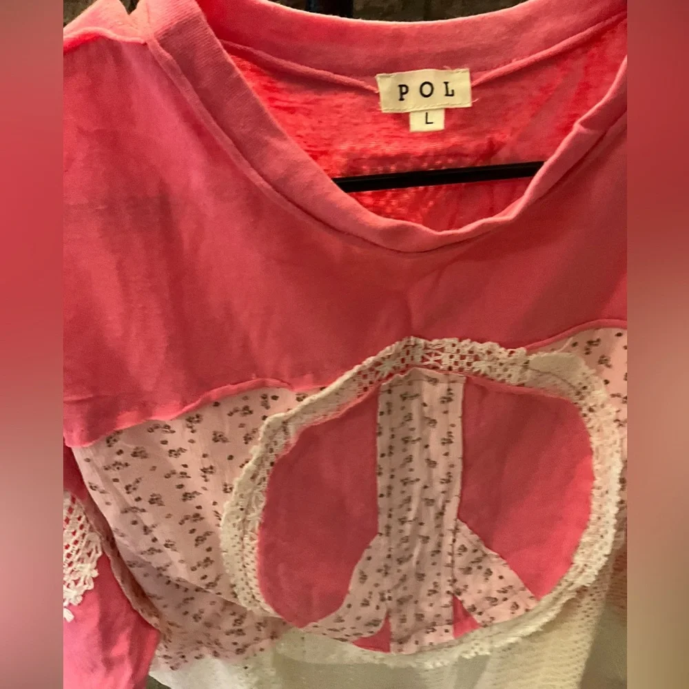 (NWOT) POL Pink Patchwork Peace Sign Top | Boho Cottagecore Lace | Size L - Picture 2 of 3